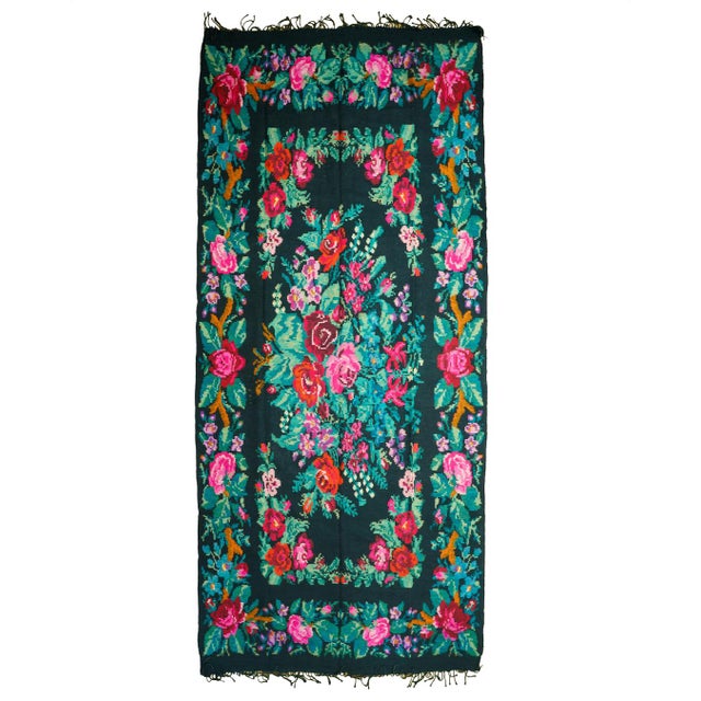 Vintage Romanian-Moldovan Handwoven Wool Flatweave Rug with Dark Floral Folk Pattern and Fringe, 1970s For Sale - Image 11 of 14