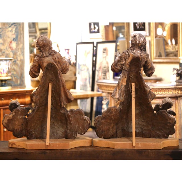 Pair 18th Century Italian Baroque Carved Painted Wood Adoring Angel Sculptures For Sale - Image 12 of 16