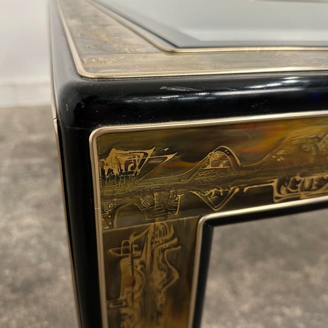 1970s Bernhard Rohne for Mastercraft Acid-Etched Brass and Black Lacquered Coffee Table For Sale - Image 10 of 12