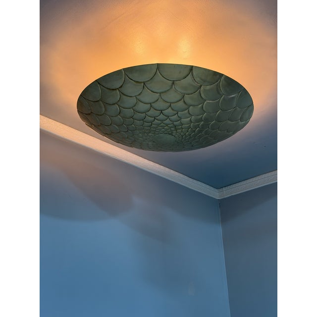 Contemporary Brass Flush Mount Ceiling Light | Gold Scalloped Fish Scale Style Fixture For Sale - Image 3 of 12