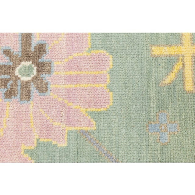 Modern Sage Green Oushak Style Wool Area Rug With Pastel Geometric Floral Accent For Sale In New York - Image 6 of 12