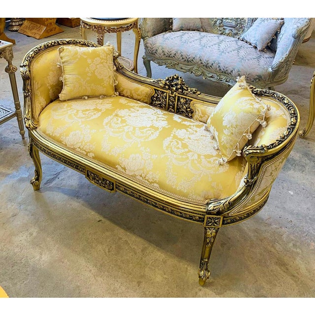 Lovely bench fully refinished in new gold leaf + new high end damask fabric. This is a beautiful settee that will be a...