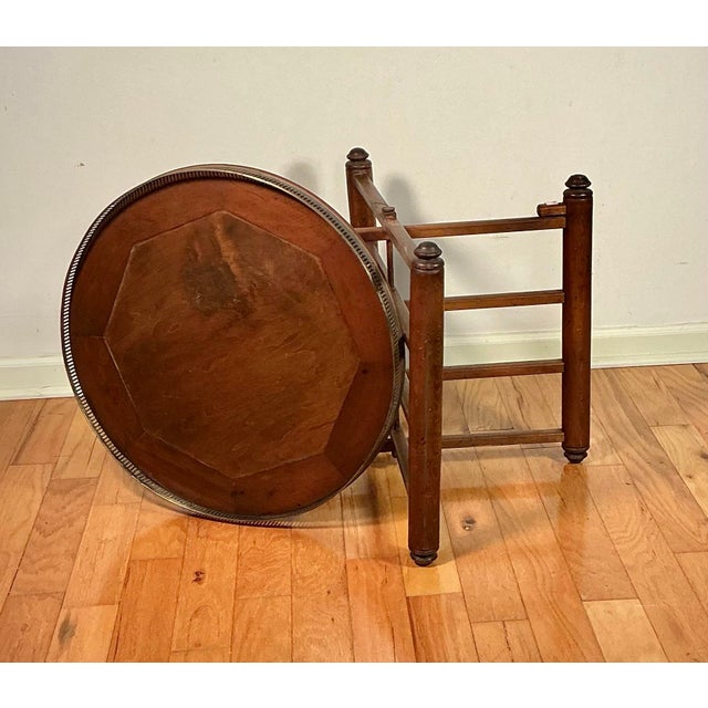Moroccan Vintage Wood Folding Tray Table Removable Serving Tray Brass Gallery For Sale - Image 3 of 12