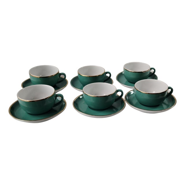 Vintage Coffee Cups in Turquoise Green Porcelain with Gold Detailing from Mitterteich Bavaria, 1950s, Set of 12 For Sale