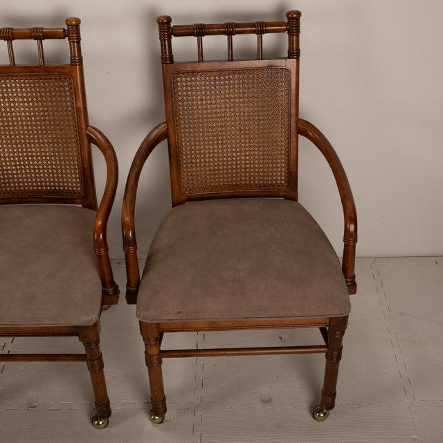 1970s 1970s Vintage Stanley Furniture Co. Faux Bamboo Cane Back Rolling Arm Chairs - Set of 4 For Sale - Image 5 of 12