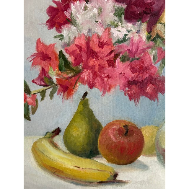 Paint Vintage Large Impressionist Floral Still Life With Fruit Oil Painting in Gold Frame For Sale - Image 7 of 9