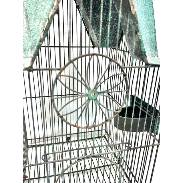 Tall Vintage Metal Birdcage With Verdigris Green Roof - Gothic Garden Decor Accent For Sale In Louisville - Image 6 of 11