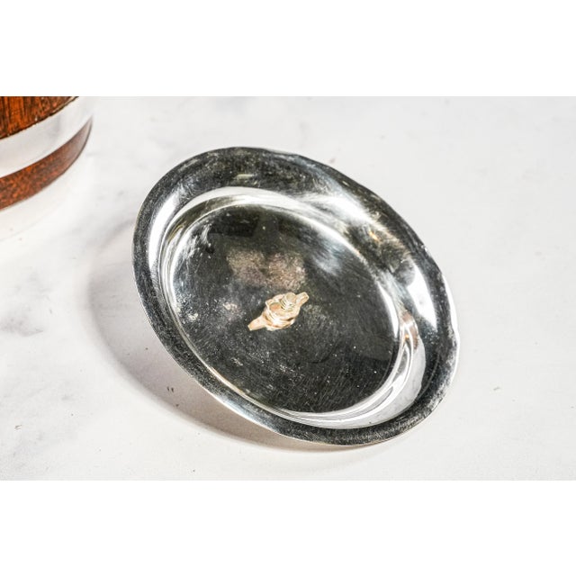 Charming Antique English Silverplate Dark Oak Biscuit Jar With Porcelain Lining Shield Home Decor For Sale - Image 10 of 12