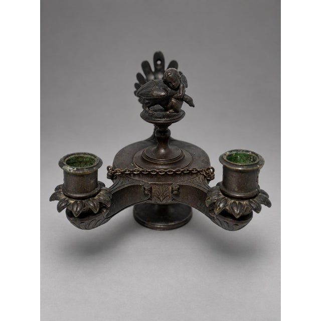 Bronze Pair of Grand Tour Bronze Two-Light Candlesticks in Roman Oil-Lamp Form For Sale - Image 8 of 11