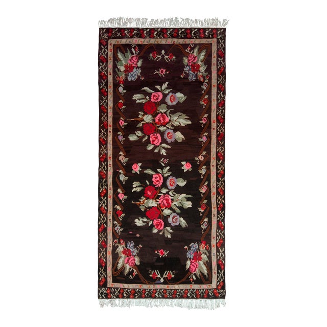 Mid Century Vintage Bessarabian Kilim Rug Black Red Floral Turkish Flat Weave For Sale
