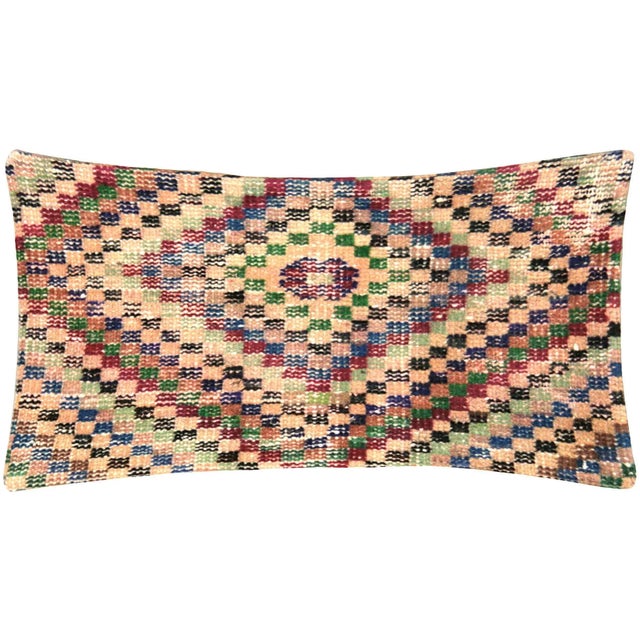 Vintage Turkish Mid-Century Modern Pillow. Hand Sewn with fragments of Turkish hand made wool rugs. Fiber fill. 500498