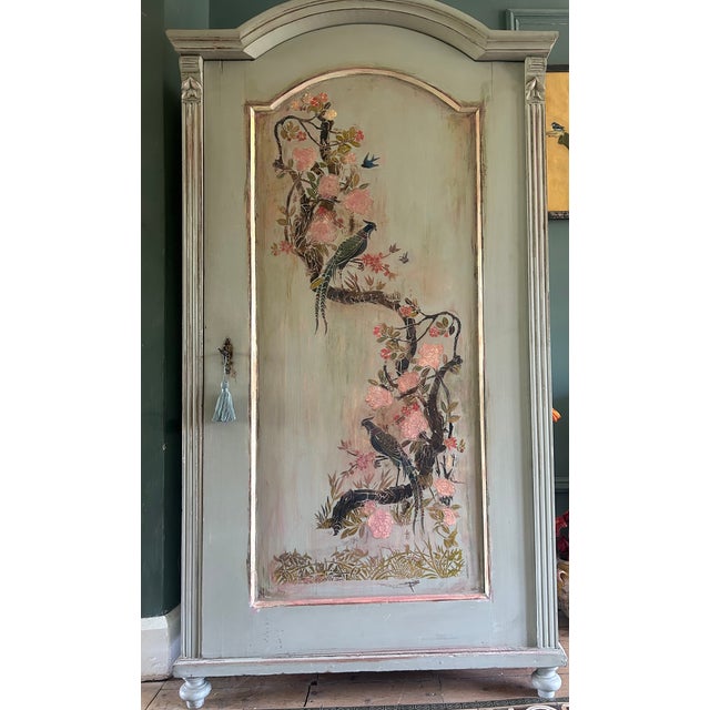 Wood Antique Painted Pine Armoire with Chinoiserie Panel, 1890s For Sale - Image 7 of 14