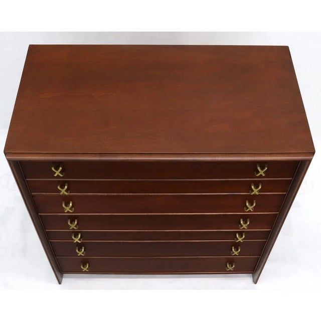 Metal Paul Frankl Brass X-Pulls Brown Cherry High Chest with Drop Front Secretary For Sale - Image 7 of 13