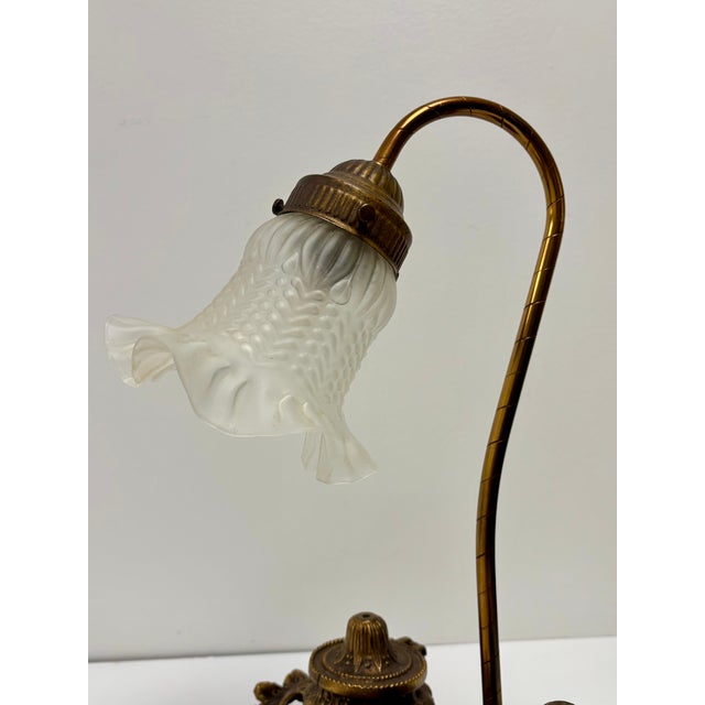 Antique Victorian Brass Gooseneck Two Inkwell Desk Lamp For Sale - Image 4 of 13