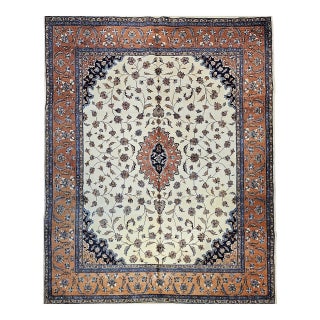 Vintage Tabriz Rug, Hand-Knotted Wool, Floral Medallion Pattern, Ivory & Terracotta, 9x13 For Sale
