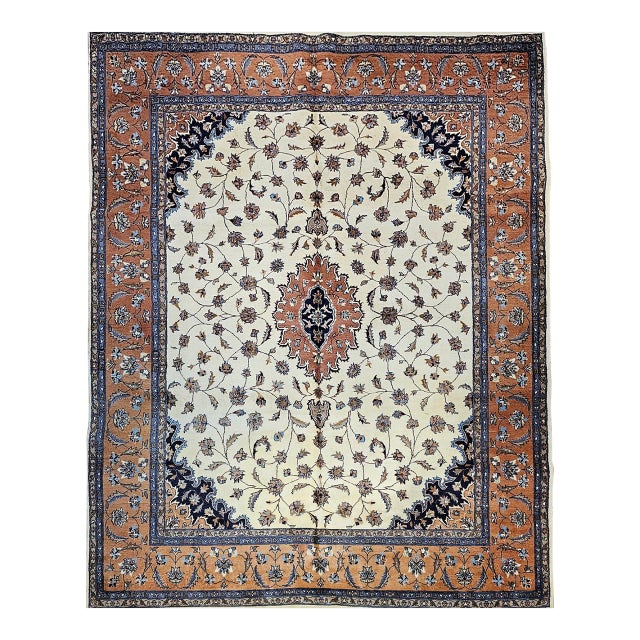 Vintage Tabriz Rug, Hand-Knotted Wool, Floral Medallion Pattern, Ivory & Terracotta, 9x13 For Sale