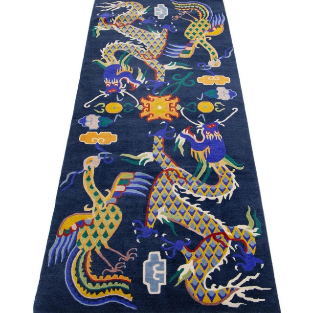 Chinese Chinese Vintage Peking Blue Handmade Wool Rug With Mullticolor Dragon Motif For Sale - Image 3 of 7