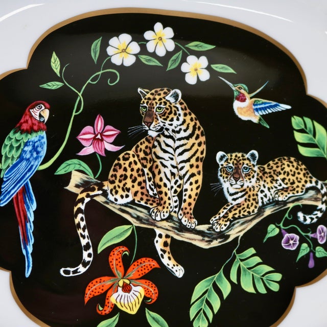 Metal 1990s Lynn Chase Porcelain Jaguar Jungle 14" Octagonal Serving Platter With Gold Trim For Sale - Image 7 of 14