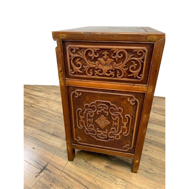 Wood Antique Chinese Asian Ornately Carved Storage Cabinet Chinoiserie Side Table 1 For Sale - Image 7 of 7