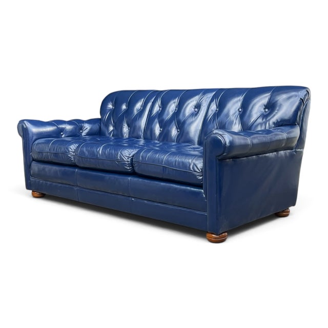 1960s Hollywood Regency Navy Blue Button-Tufted Leather Sofa For Sale - Image 12 of 13