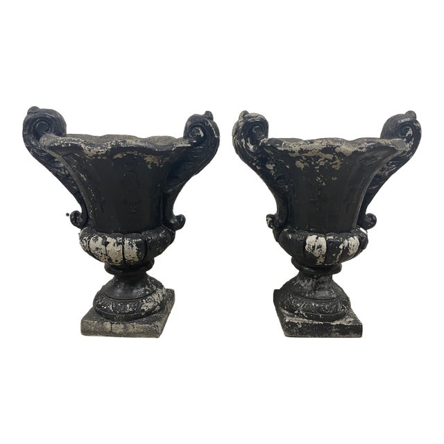 Pair of Large 31" Mid-Century Cast Stone Campana Garden Urns - Asheville Estate Rescue For Sale