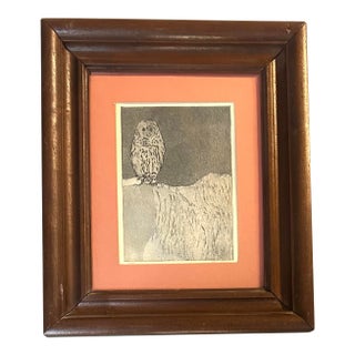 1970’s Original Folk Art Owl Perched on Branch Etching For Sale