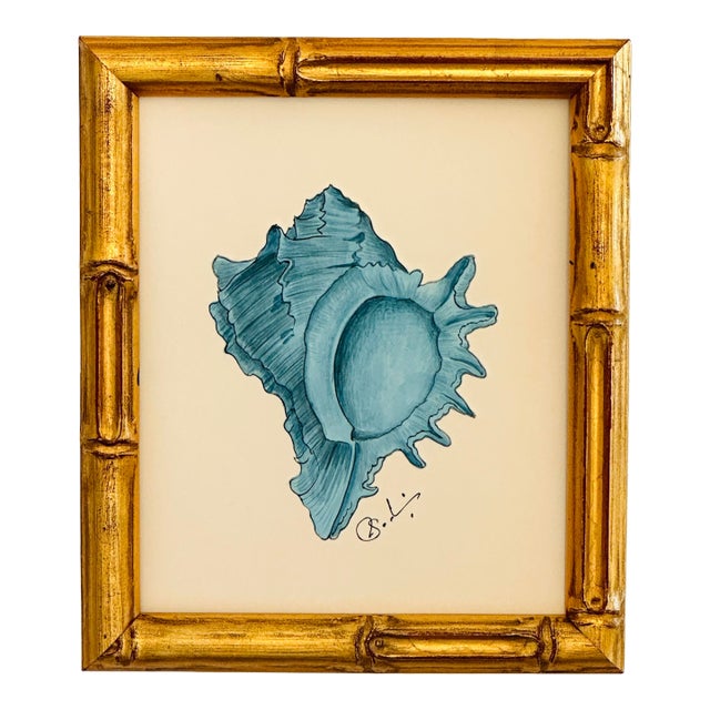 Original Hand-Painted Blue Seashell Painting, Framed For Sale