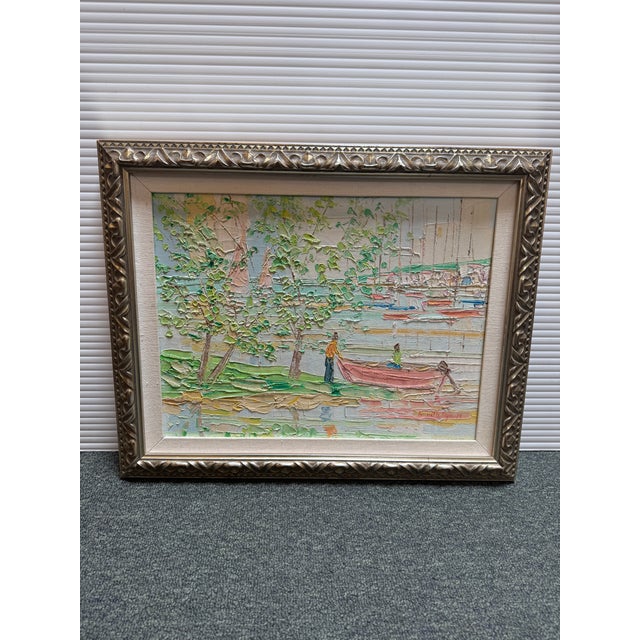 1970s Kenneth Kaye Pastel Boaters Palette Knife Painting, Signed For Sale - Image 5 of 12