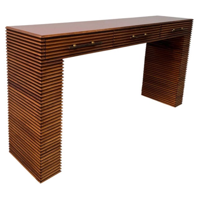 Three Drawers Fluted Wood Console Table with Crimson Red Glass Top, 1970s For Sale - Image 9 of 9