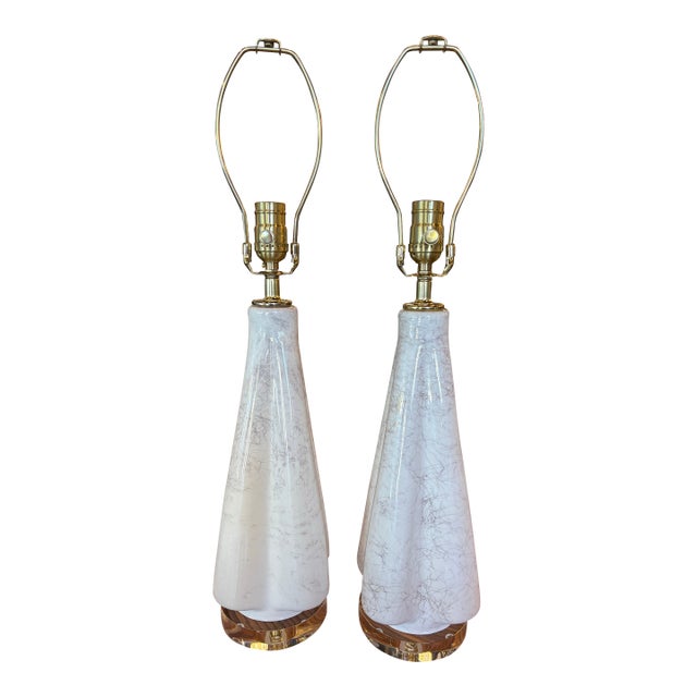 Vintage Murano Style Glass Fluted Scalloped Table Lamps Metallic Veins Newly Wired - a Pair For Sale