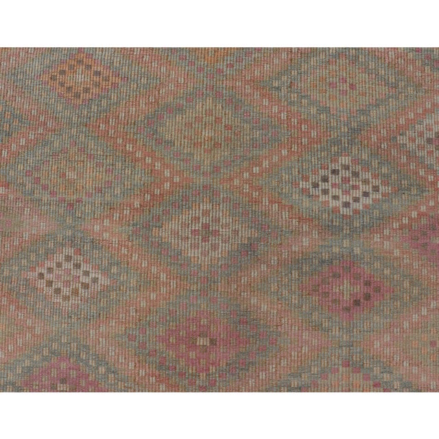 Peach Vintage Turkish Kilim Rug With Peach, Sage, Gold and Soft Pink Diamonds 5'11 X 10'0 For Sale - Image 8 of 15