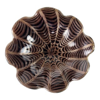 Murano Black Copper Aventurine Spiderweb Design Vintage Italian Art Glass Centerpiece Bowl For Sale