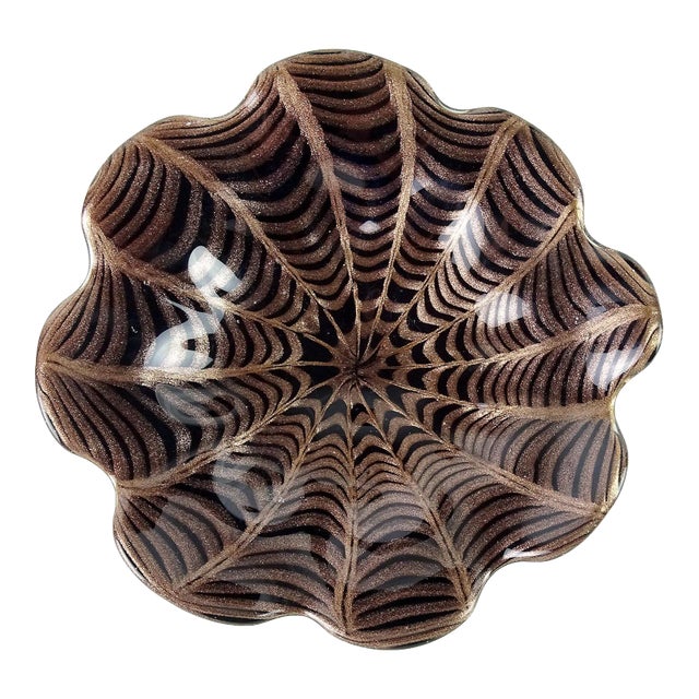 Vintage Murano Black Copper Aventurine Spiderweb Design Italian Art Glass Centerpiece Bowl For Sale