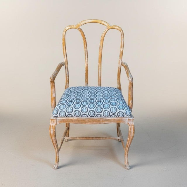 Gustavian (Swedish) Gustavian Style Cerused Dining Chairs in New Blue & White Linen Set of 8 For Sale - Image 3 of 15