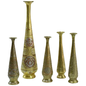 Five Engraved Brass Flower Vases, Probably Damascus, Circa 1900