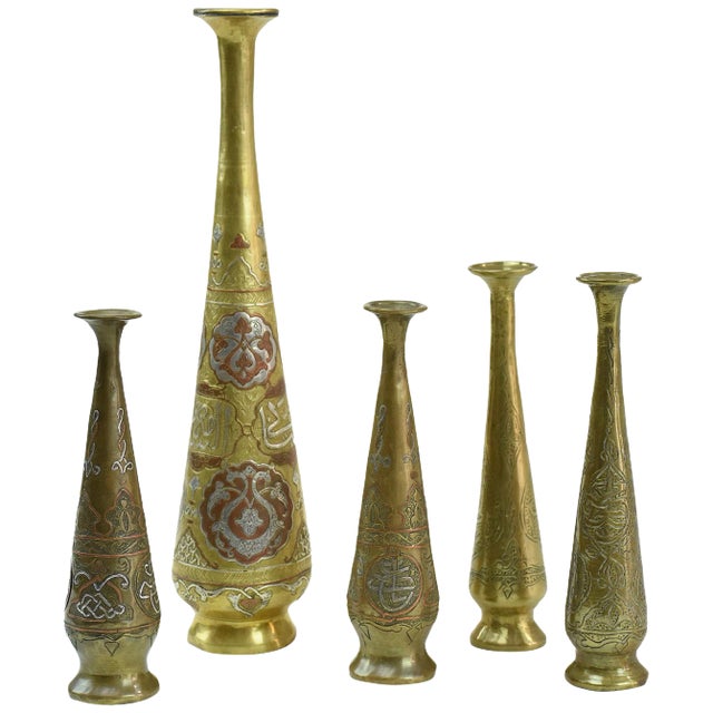 Set of Five Tall Engraved Brass Vases, Middle East, Early 20th Century For Sale