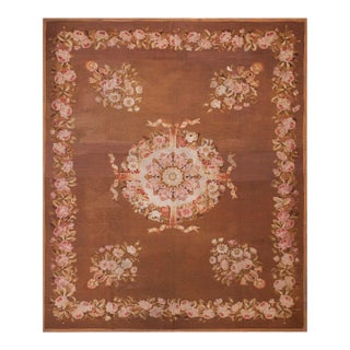 1830s Brown Floral Antique French Empire Aubusson Carpet 8' X 9'3" Flatweave Wool Rug For Sale