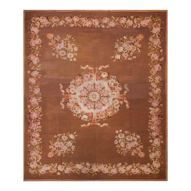 1830s Brown Floral Antique French Empire Aubusson Carpet 8' X 9'3" Flatweave Wool Rug For Sale