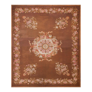 1830s Brown Floral Antique French Empire Aubusson Carpet 8' X 9'3" Flatweave Wool Rug