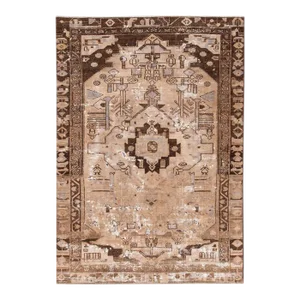 Vintage Persian Heriz Handmade Beige Medallion Wool Rug