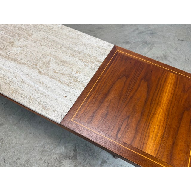 Lane Furniture Mid Century Modern Travertine and Walnut Coffee Table For Sale - Image 4 of 12