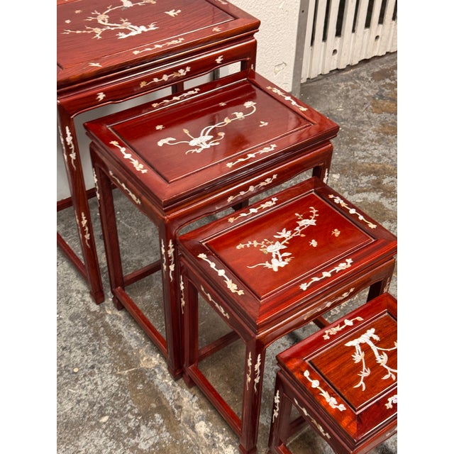Asian Rosewood + Mother of Pearl Inlaid Nesting Tables, Set of Four For Sale - Image 9 of 12