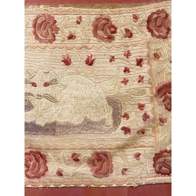 Antique Folk Art Cat Silk Embroidery in Frame For Sale - Image 10 of 13