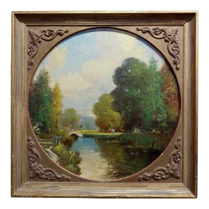 George Thompson Pritchard -Bridge Over a Pond -Impressionist Oil Panting C1920s