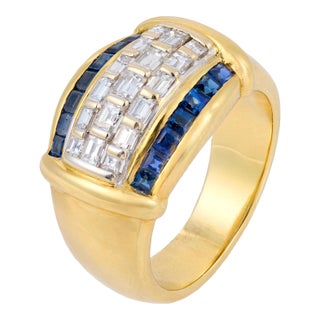 Vintage Diamond Sapphire 18k Yellow Gold Ring, Size 7.75 For Sale