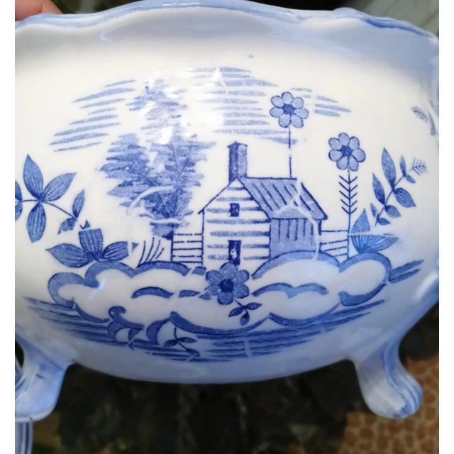 A beautiful very elegant blue and white soup tureen. The tureen features pretty cottage design with beautiful handles and...