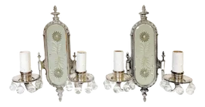 French Neoclassical Crystal, Silverplated & Engraved Mirror Sconces - a Pair