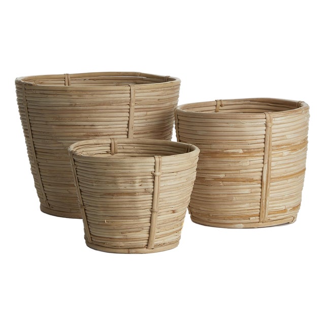 Cane Rattan Round Tapered Baskets, Set Of 3 For Sale