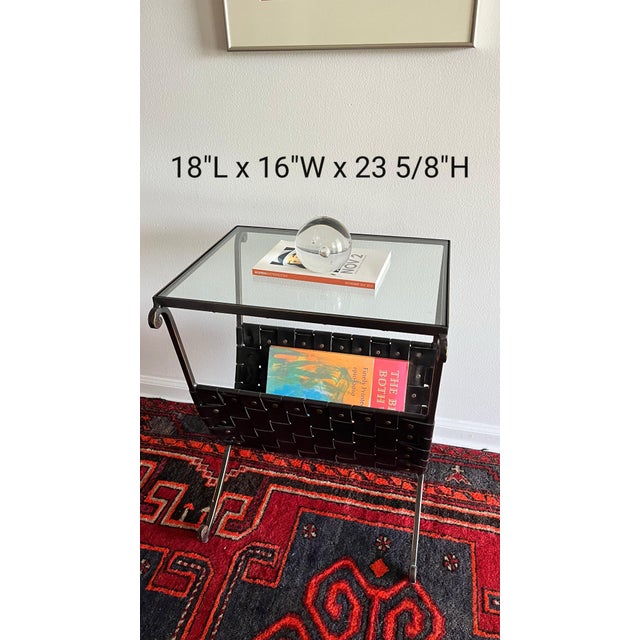 1980s Side Table /Magazine Rack Woven Faux Leather Glass Top For Sale - Image 4 of 9
