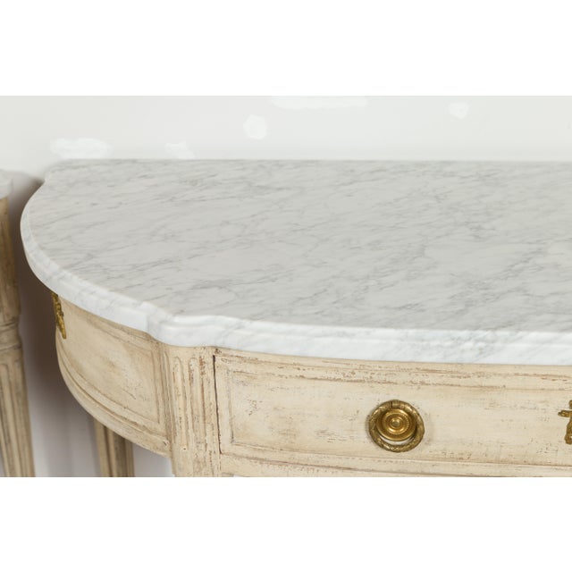 Pair of French 19th Century Neoclassical Style Demilune Tables with Marble Tops For Sale - Image 11 of 12